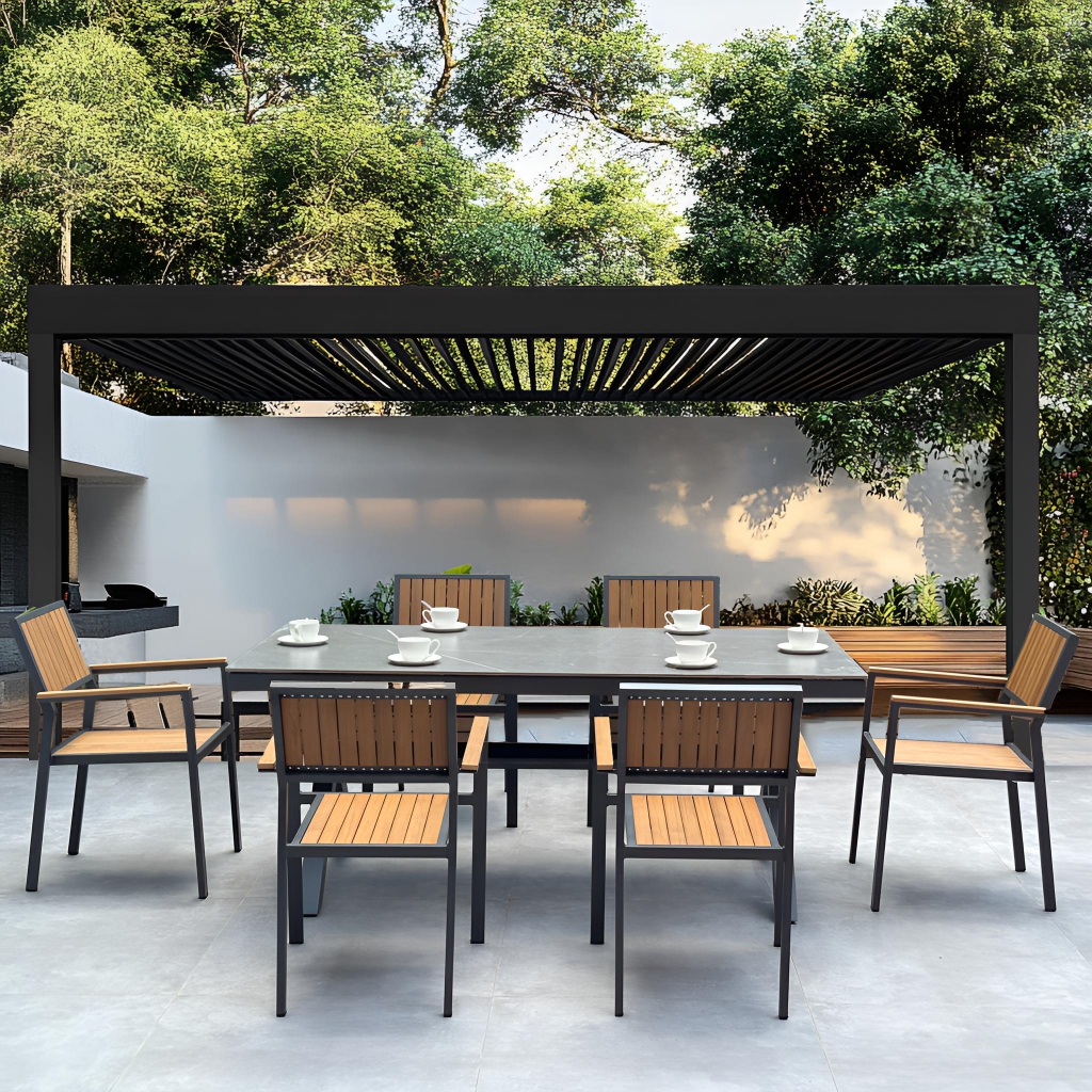 7 piece metal wood patio table dining set